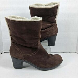 Clarks Bendables Brown Suede Faux Fur Lined Ankle Boots Block Heel Womens 9.5 M‎
